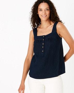 scoop-neck blouse top with pleats & gathers