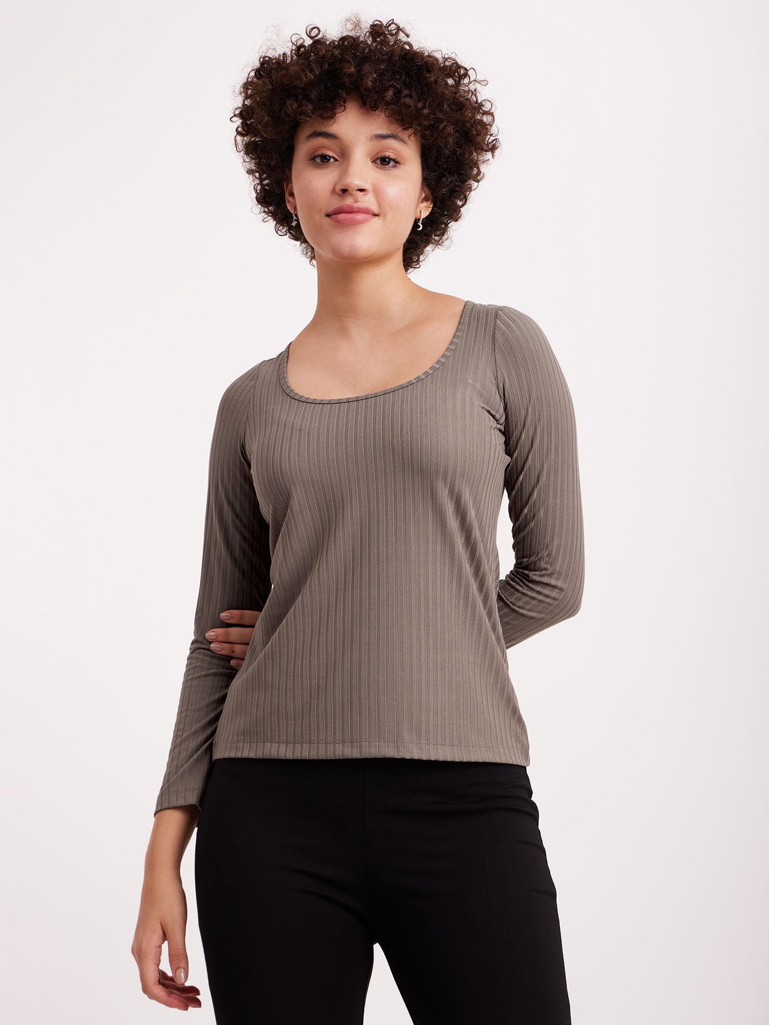 scoop neck rib knit top - beige