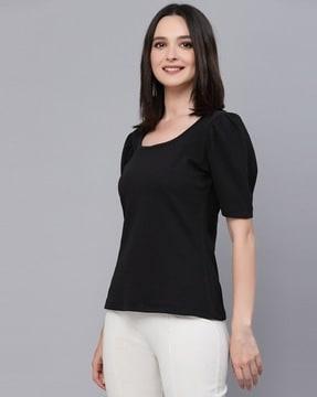 scoop-neck top with puff sleeves