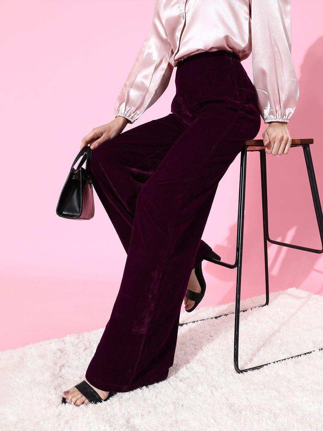 scorpius women deep burgundy solid velvet trousers
