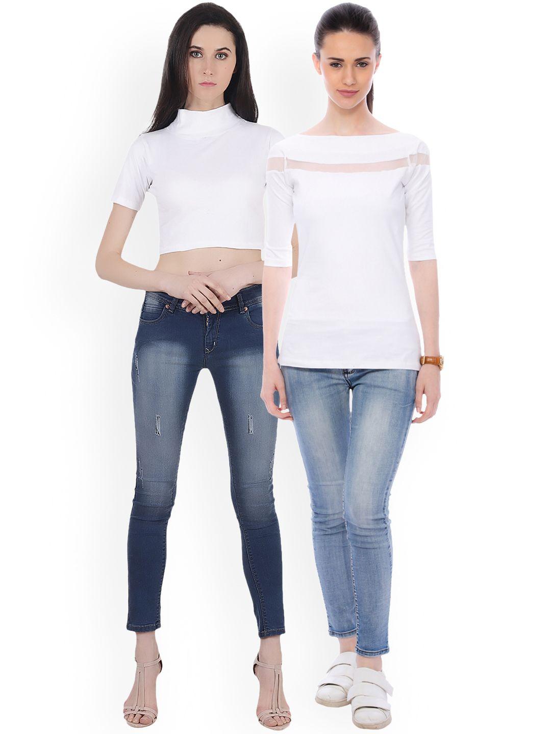 scorpius women pack of 2 white solid pure cotton tops