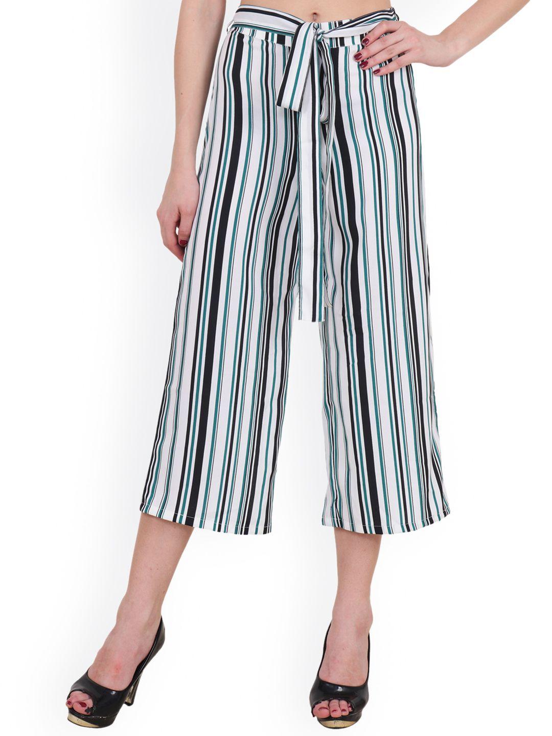 scorpius women white & navy blue smart regular fit striped culottes