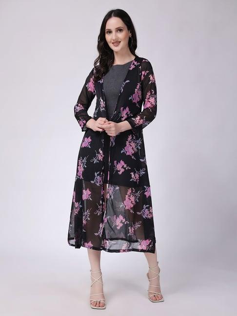 scorpius black & pink floral print long shrug