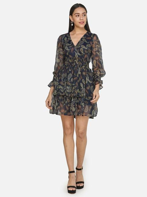 scorpius navy printed fit & flare dress