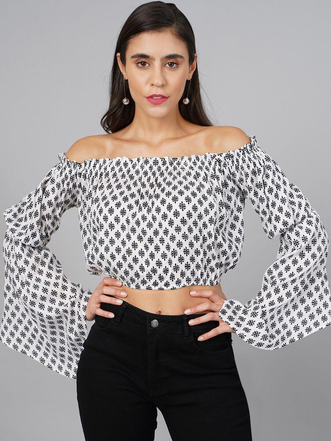 scorpius white & black print off-shoulder bardot crop top