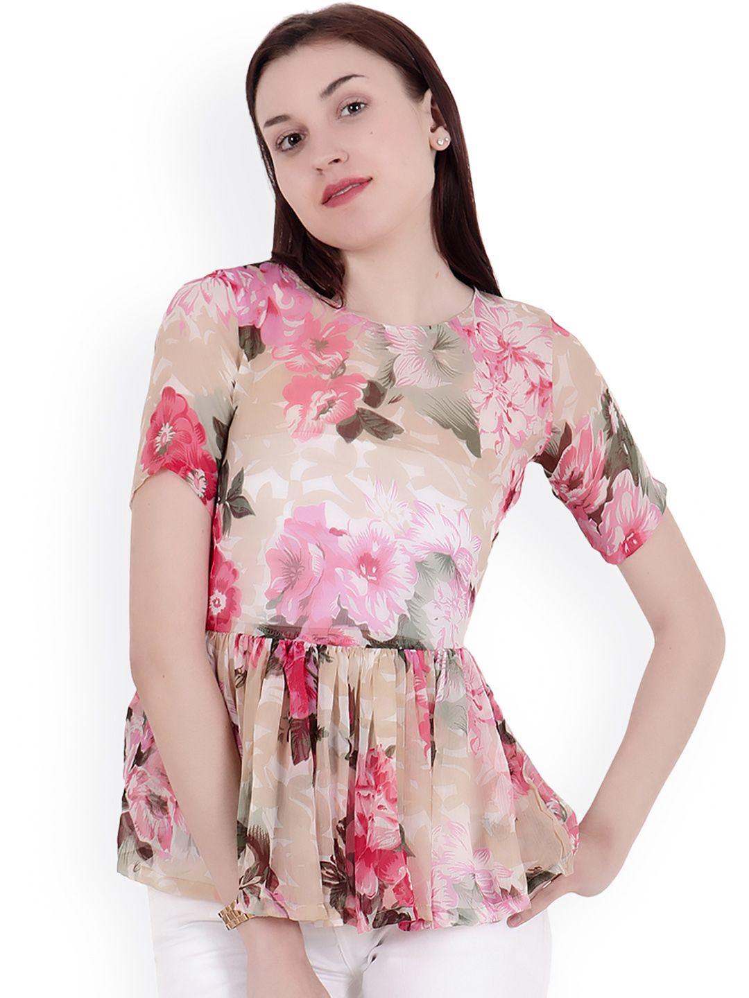 scorpius women beige & pink printed peplum top