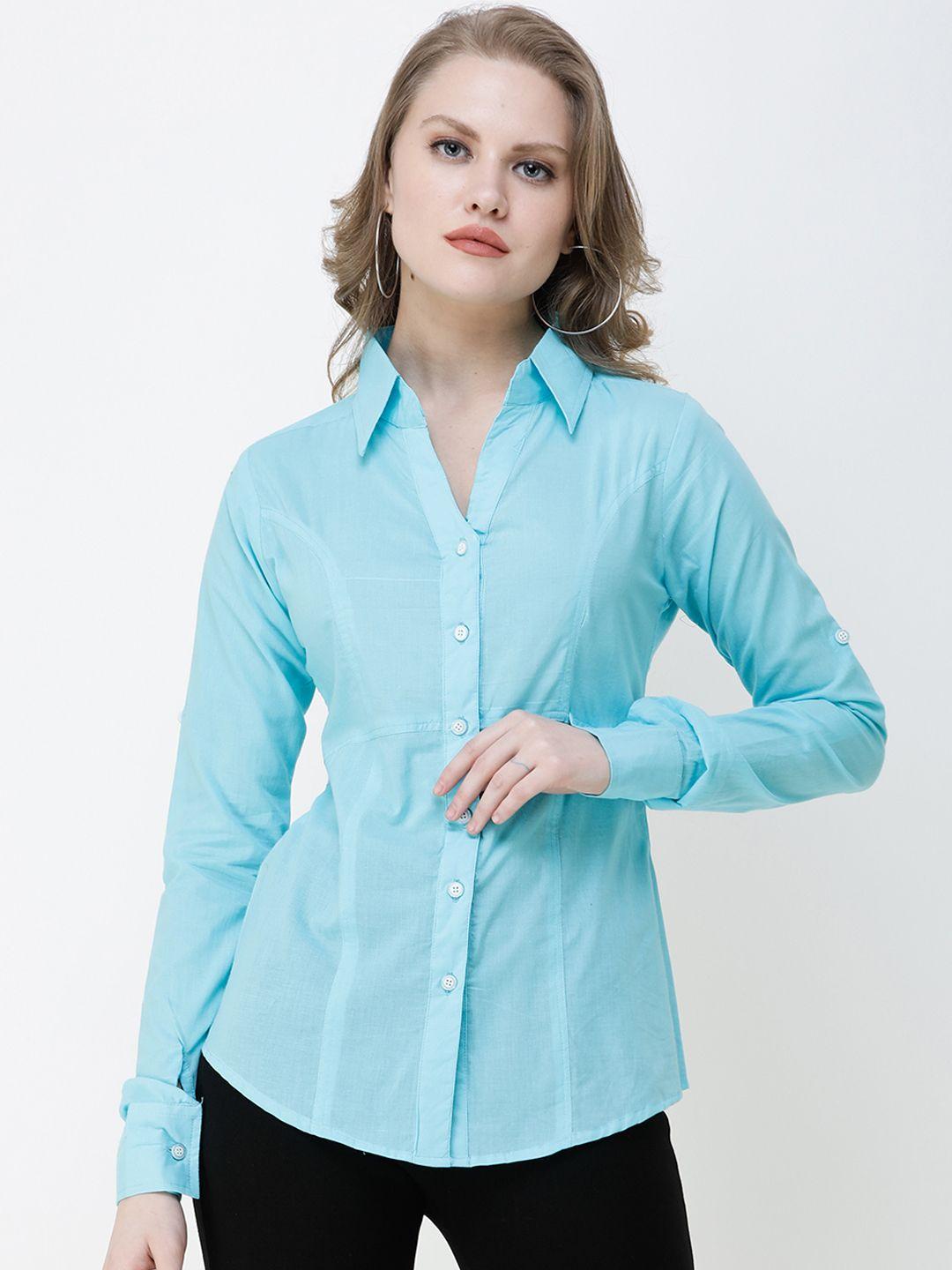 scorpius women blue solid slim fit formal shirt