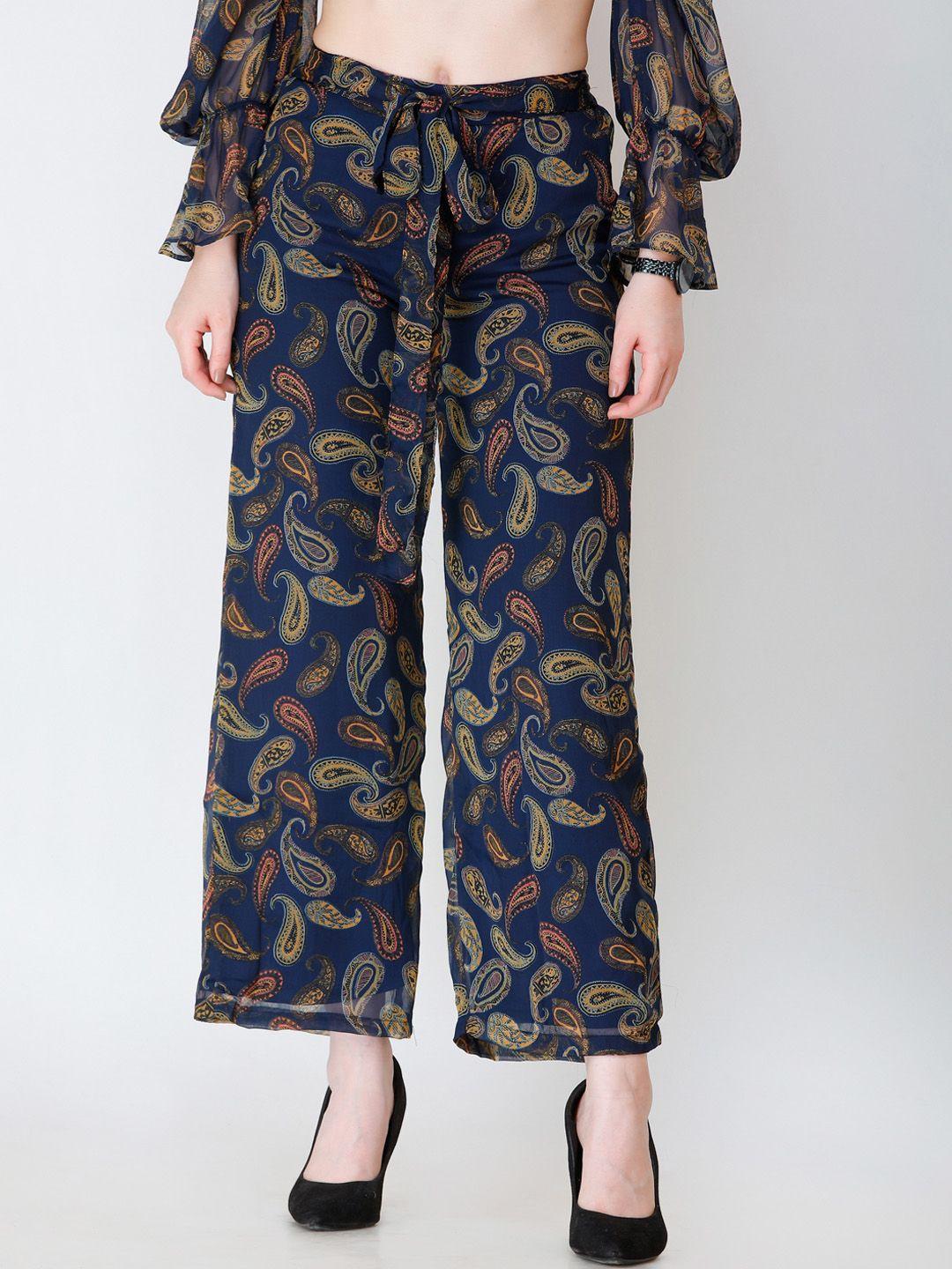 scorpius women navy blue regular fit printed parallel trousers
