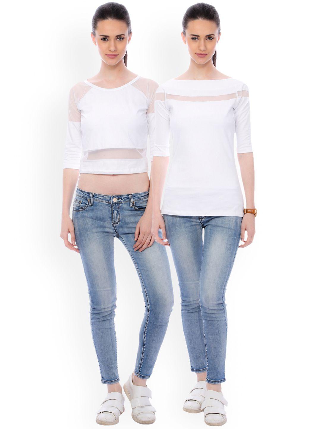 scorpius women pack of 2 white solid pure cotton tops