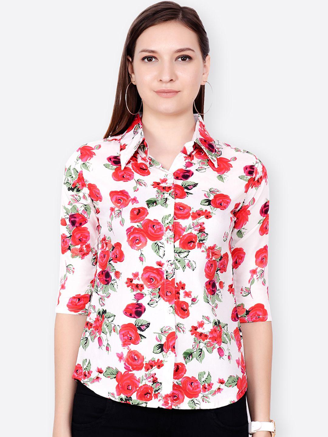 scorpius women pink & red regular fit printed casual shirt