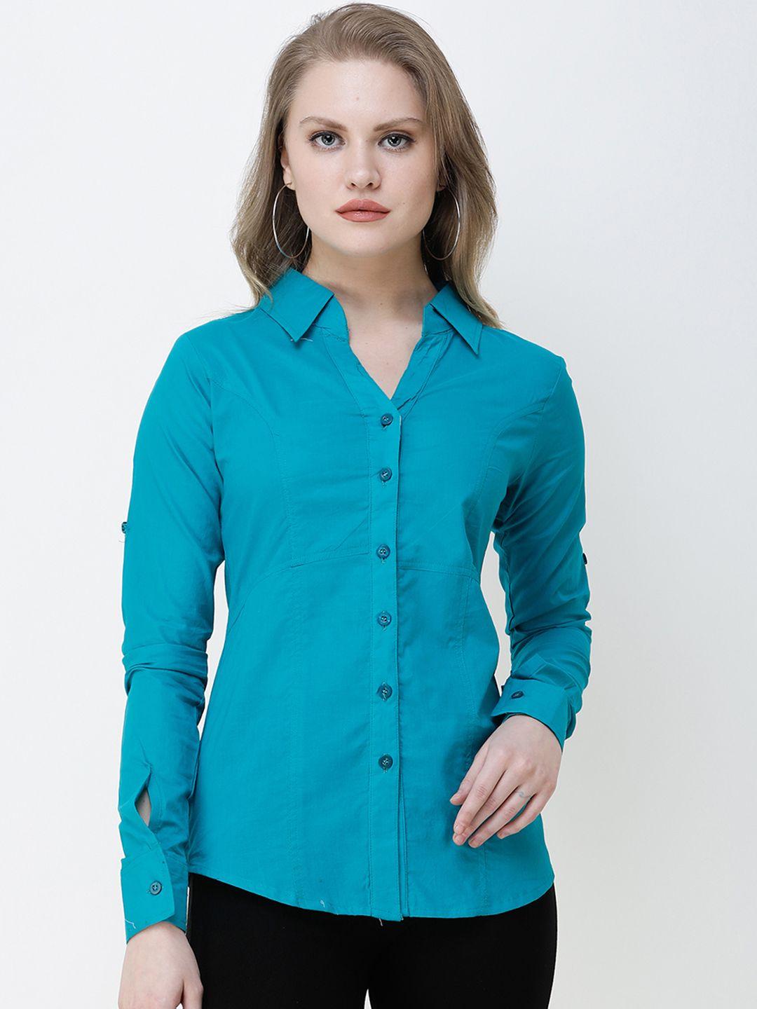 scorpius women turquoise blue solid slim fit formal shirt