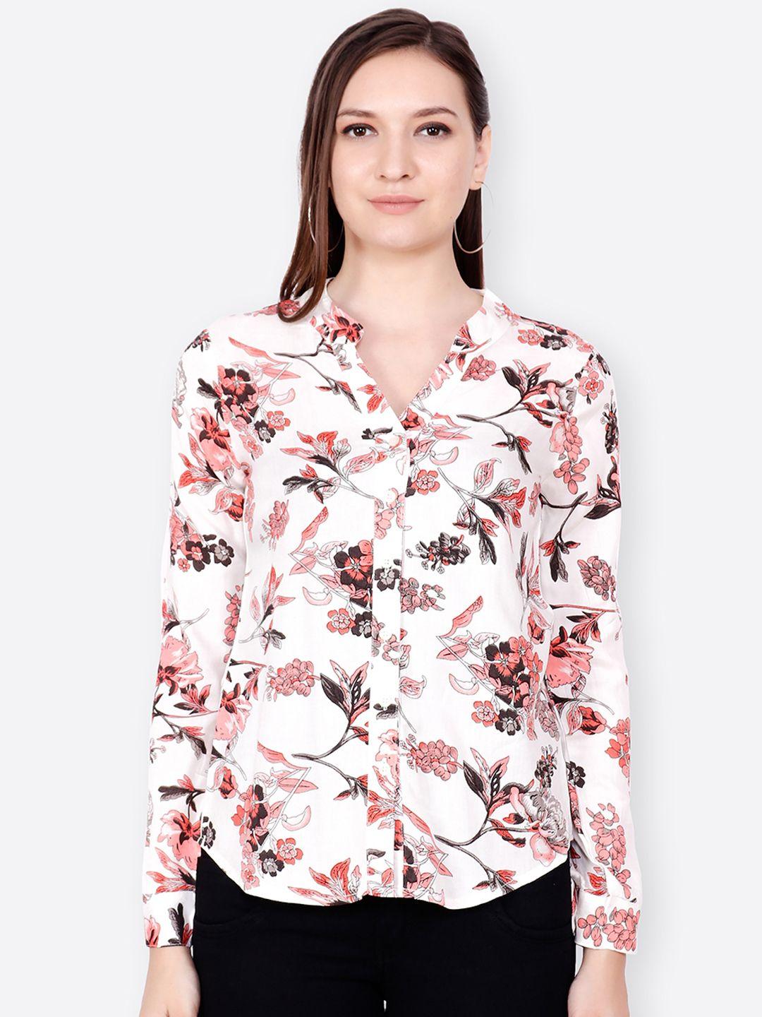 scorpius women white & pink regular fit printed casual shirt