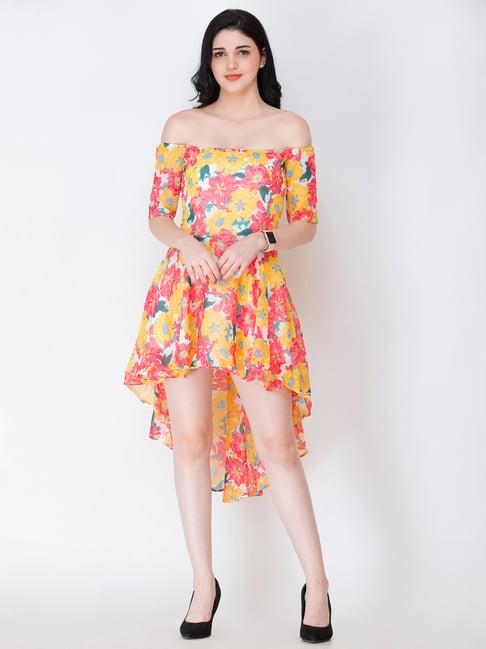 scorpius yellow & pink floral print high-low dress