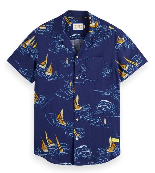 scotch & soda blue tropical regular fit shirt