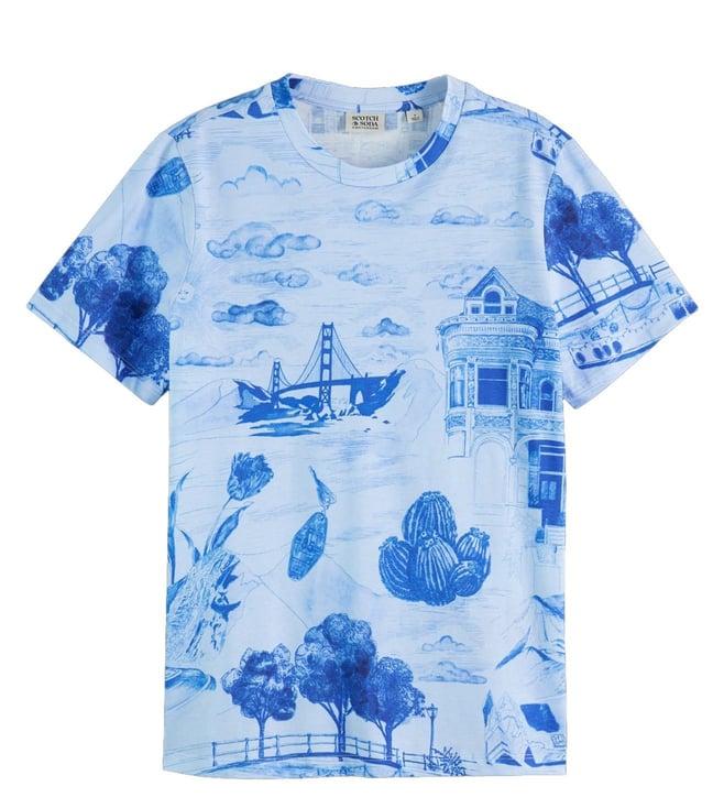 scotch & soda journey of the free mind blue printed regular fit t-shirt