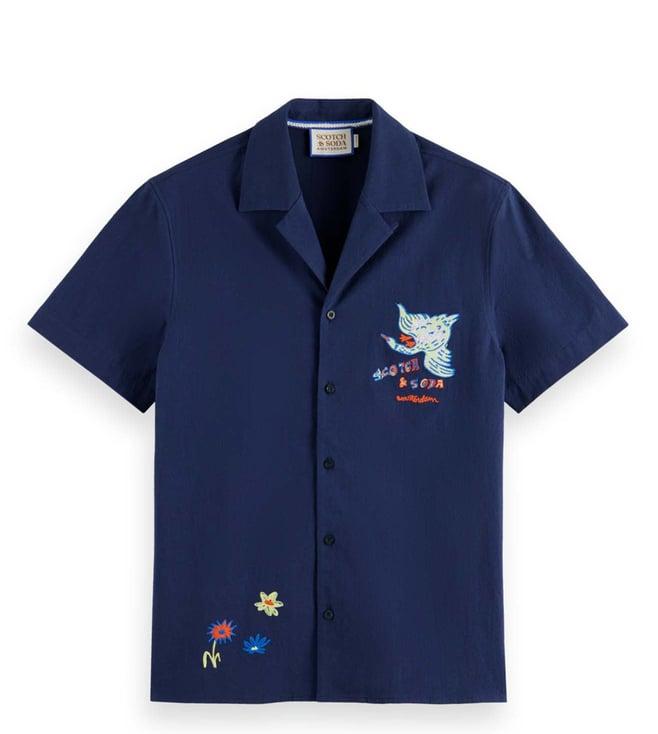 scotch & soda navy blue embroidery regular fit shirt