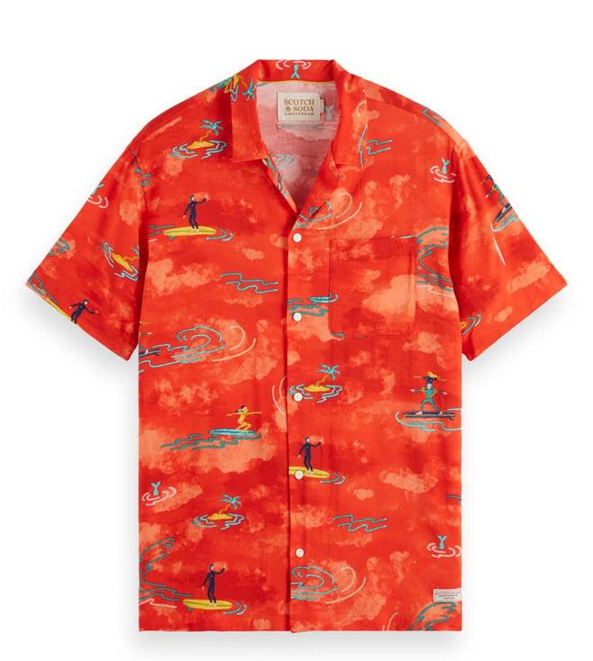 scotch & soda red surfer aop printed regular fit shirt