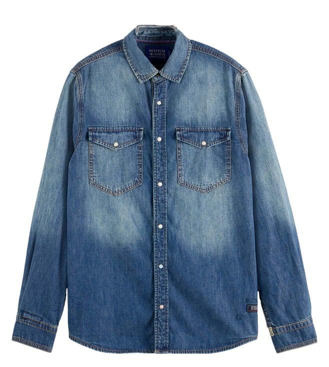 scotch & soda washed indigo workwear shirt in washed denim