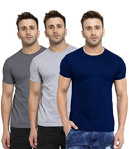 scott international men's regular fit t-shirt - cotton blend, half sleeve, round neck, stylish, solid plain t-shirts for men, mens t shirt - pack of 3 (navy blue,charcoal & grey, large)