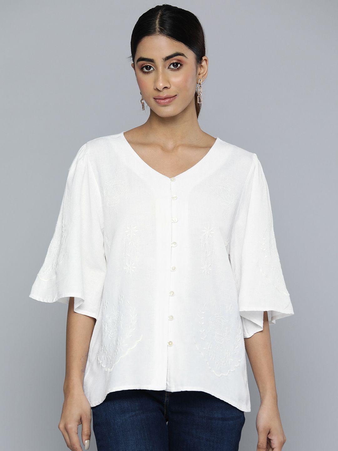 scoup floral embroidered flared sleeve linen top
