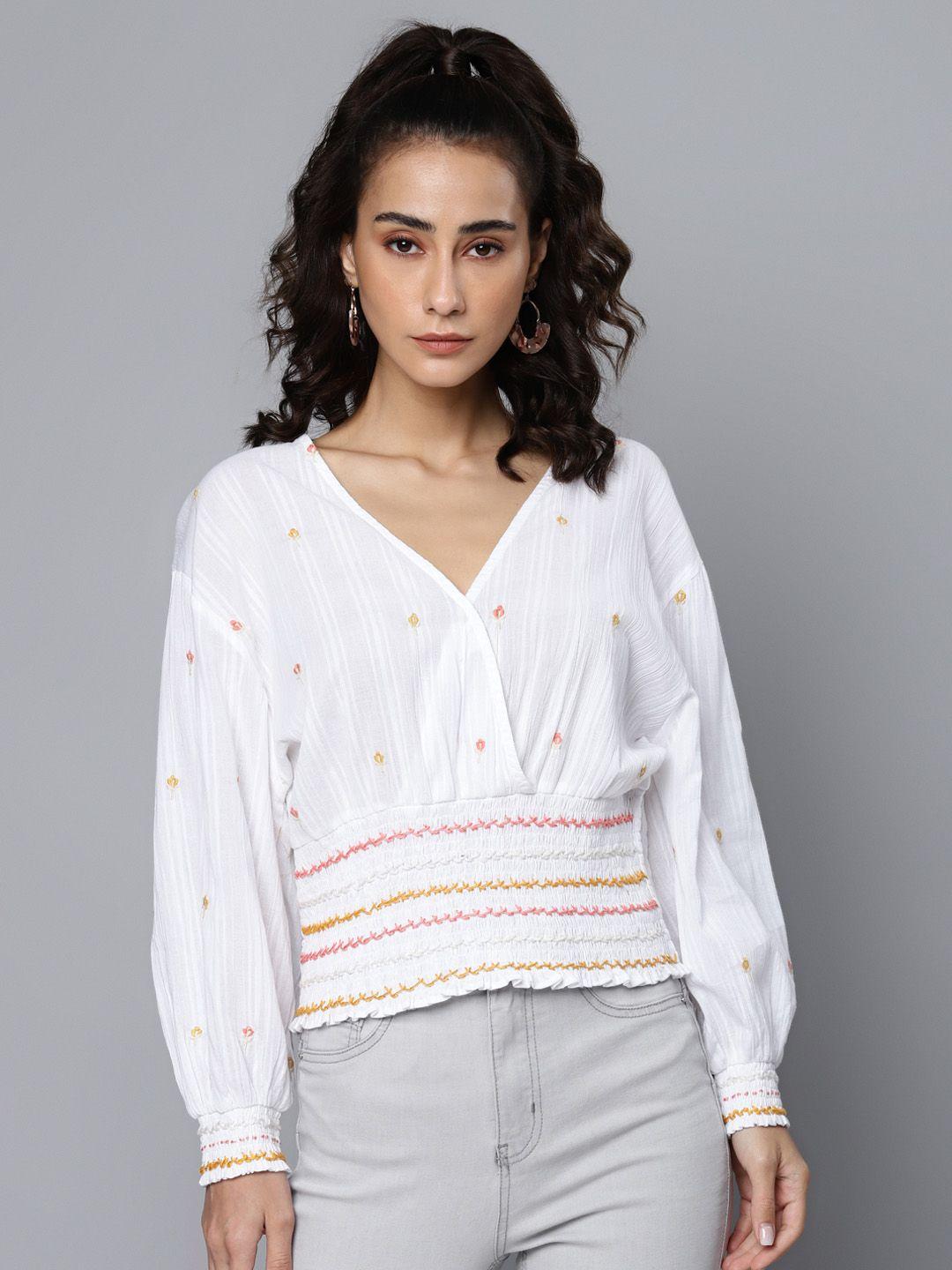 scoup white pure cotton embroidered dobby bohemian wrap top