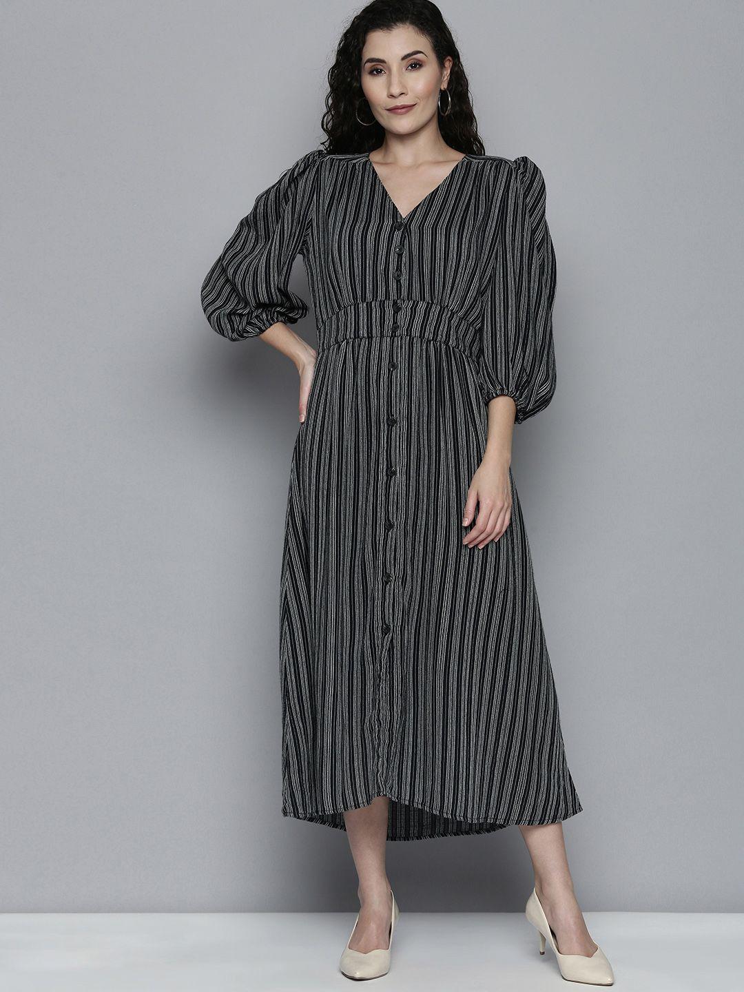 scoup black & white cotton striped midi dress
