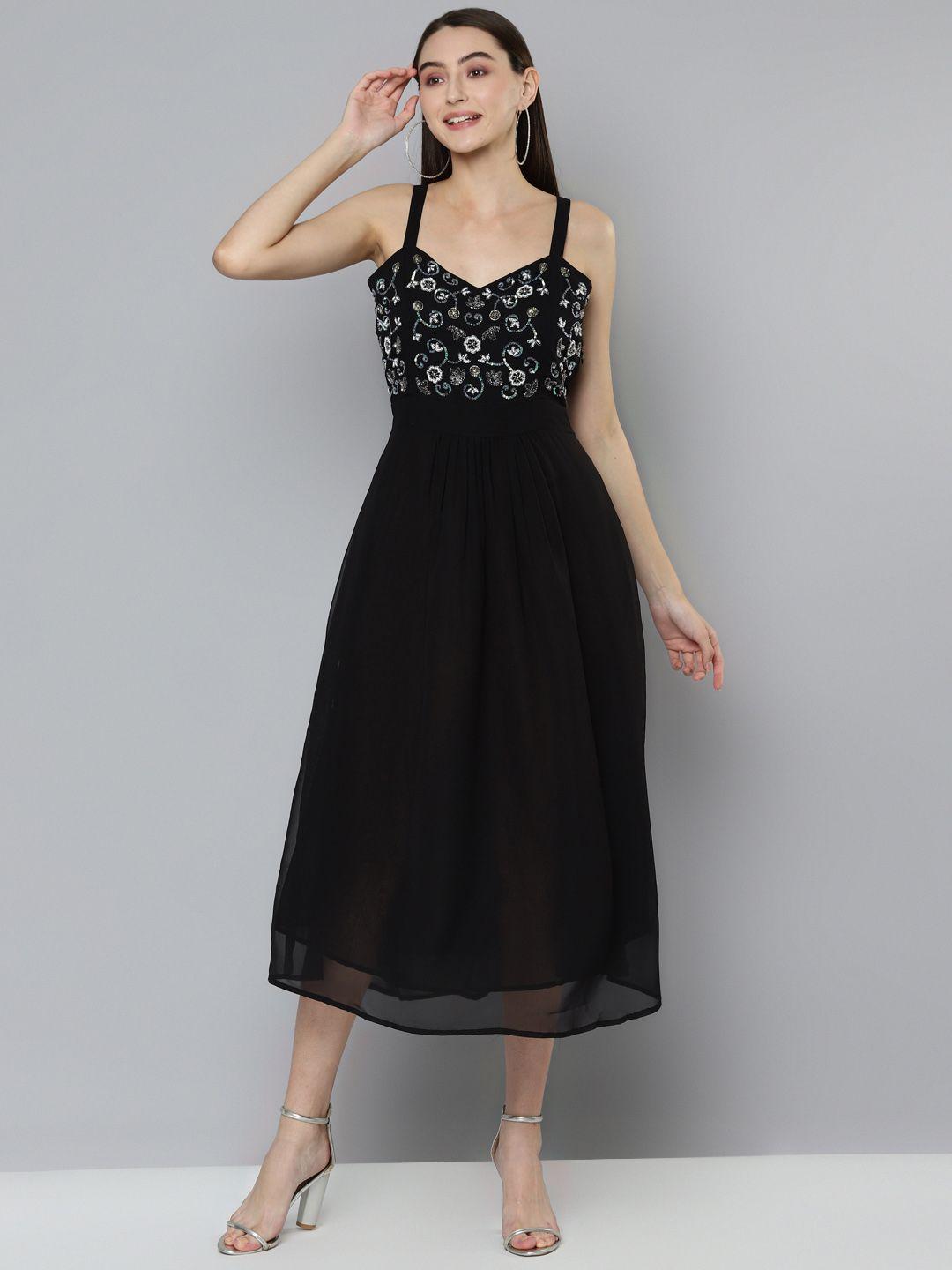scoup black floral georgette a-line dress