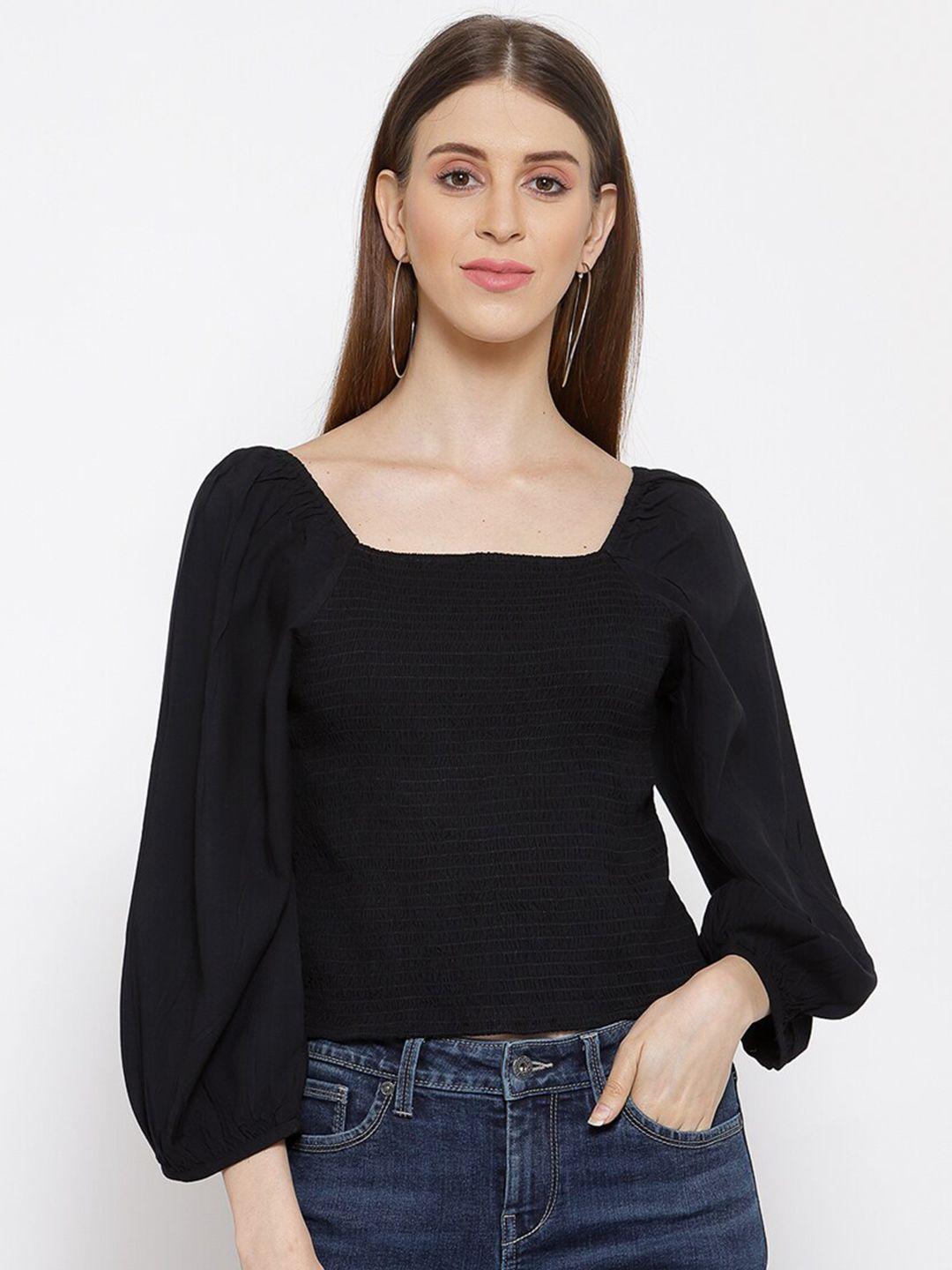 scoup black puff sleeve smocked crepe regular top