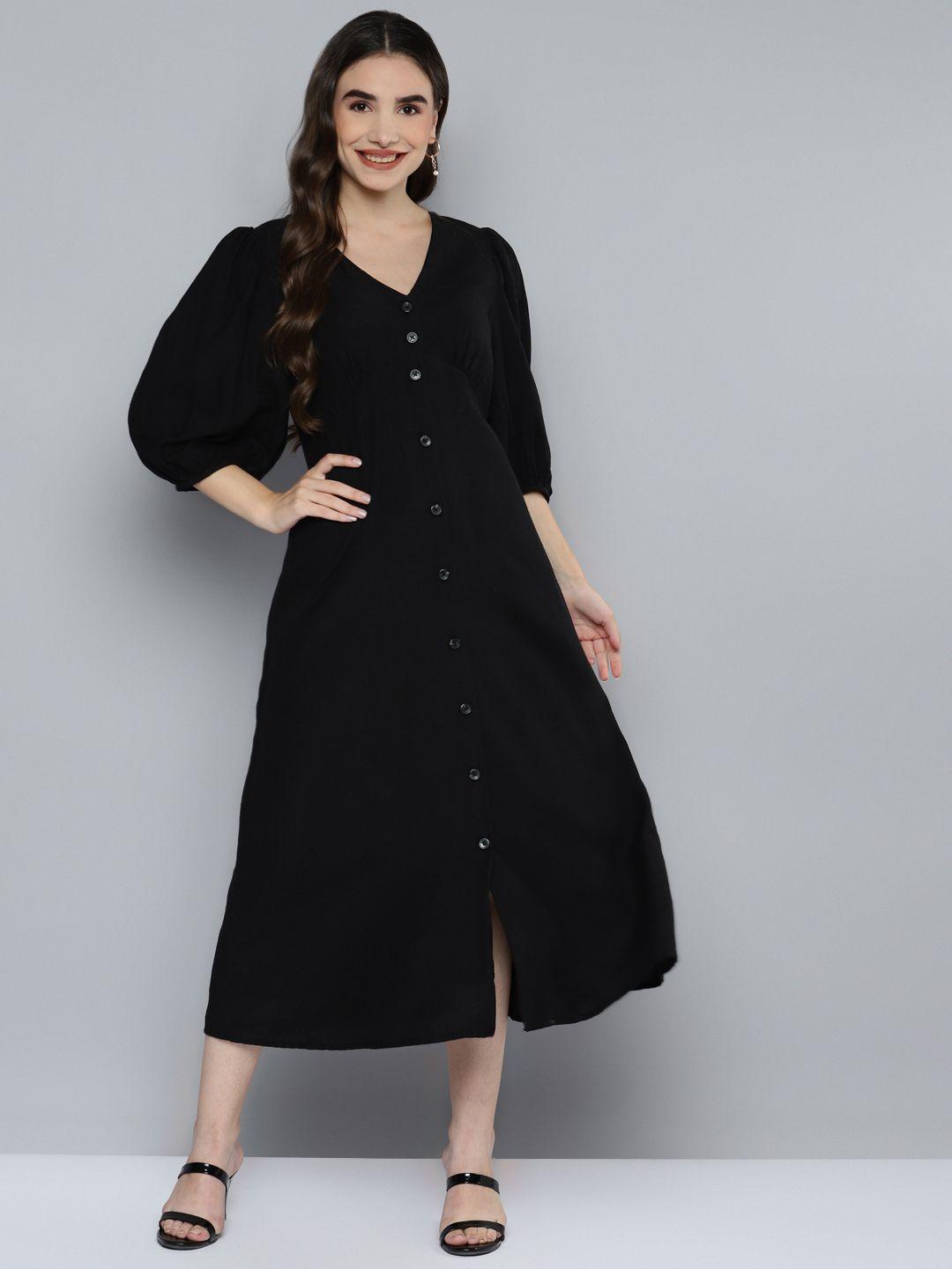 scoup black solid linen blend a-line midi dress