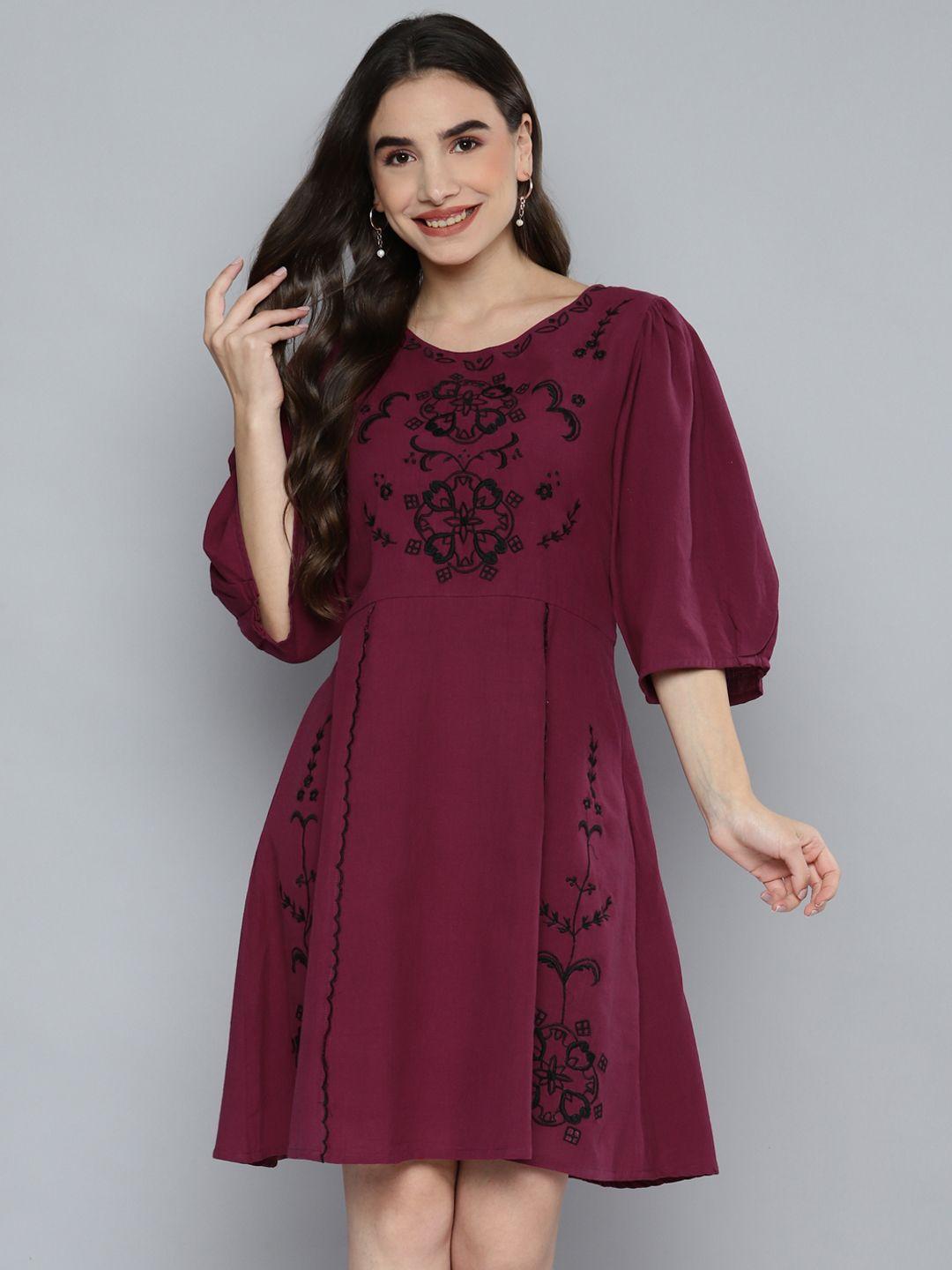 scoup burgundy & black ethnic motifs embroidered linen blend a-line dress