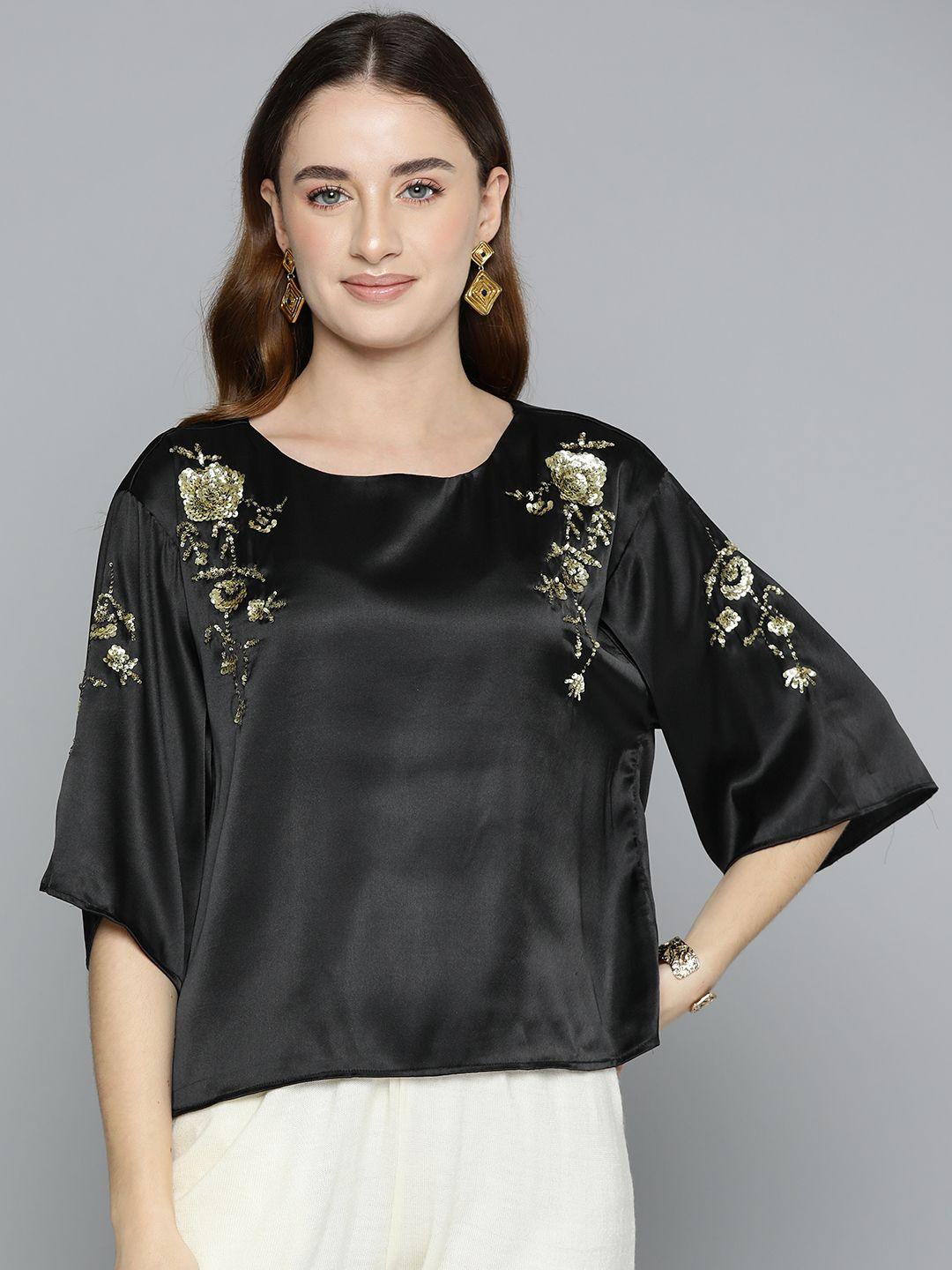 scoup floral embellished flared sleeve satin top