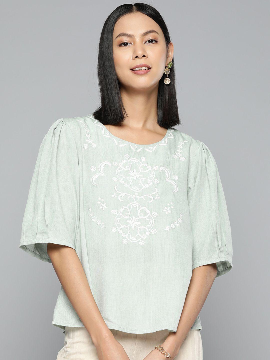 scoup floral embroidered chambray cotton top