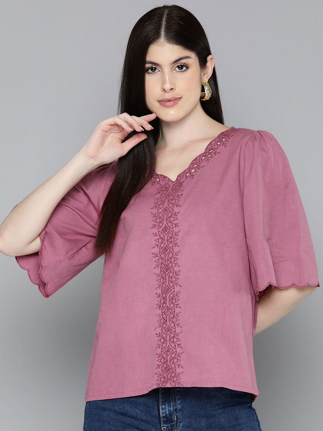 scoup floral embroidered flared sleeve cotton top