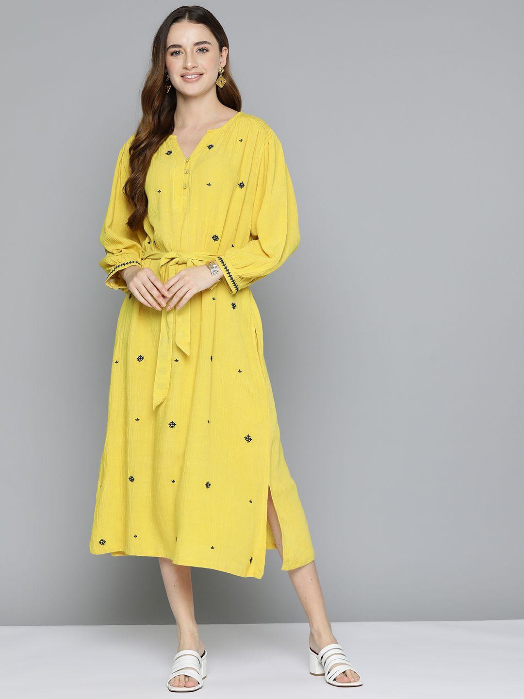 scoup floral embroidered puff sleeve cotton linen a-line midi dress