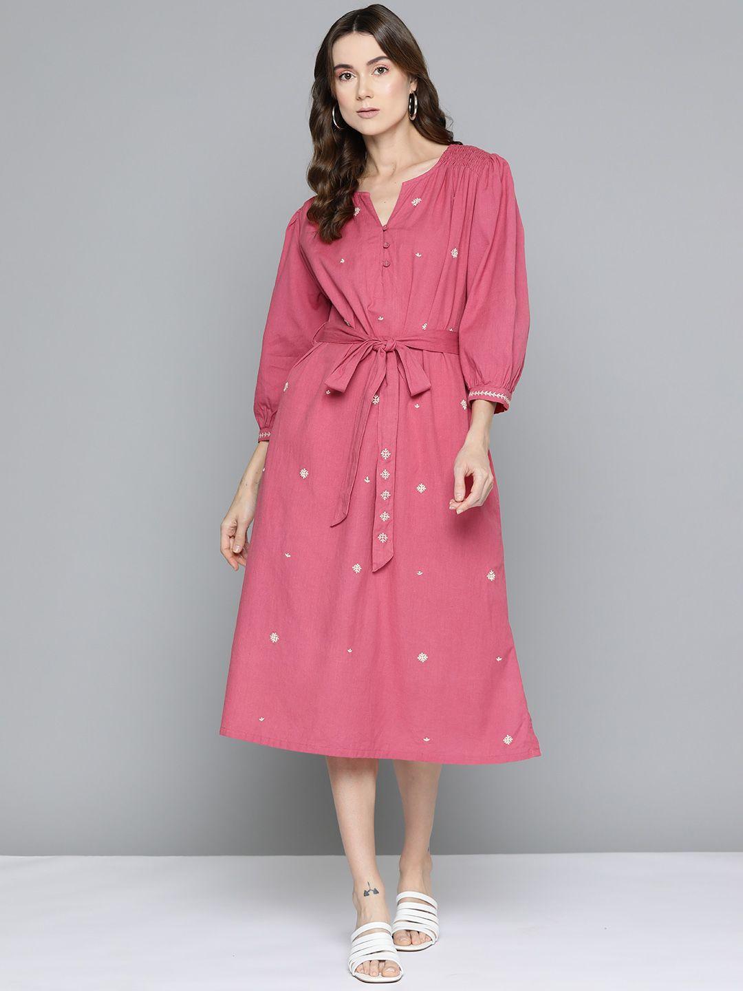 scoup floral embroidered puff sleeve cotton linen a-line midi dress