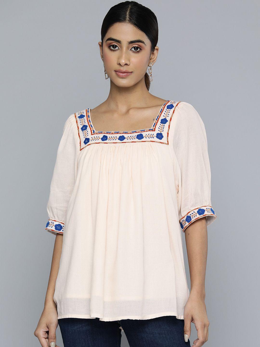scoup floral embroidered puff sleeve cotton top