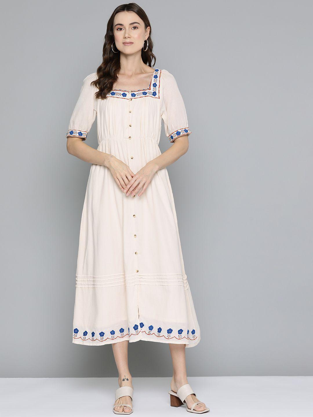 scoup floral embroidered puff sleeve crepe a-line midi dress