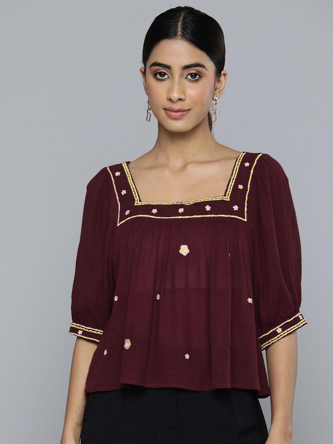scoup floral embroidered puff sleeve crepe top