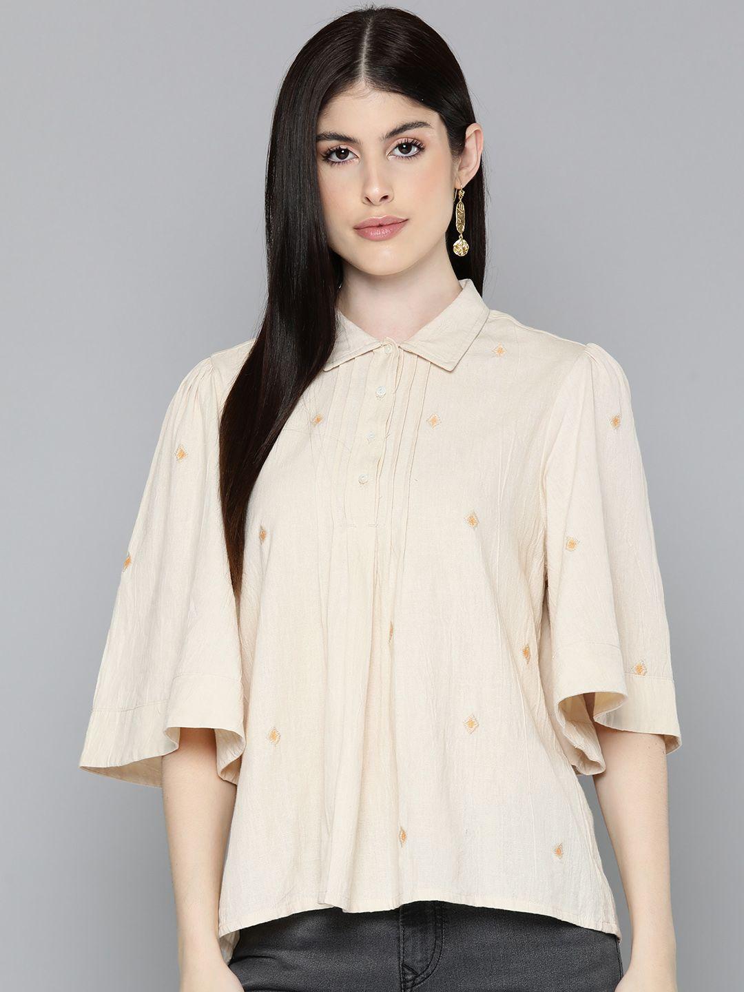 scoup geometric embroidered flared sleeve cotton shirt style top