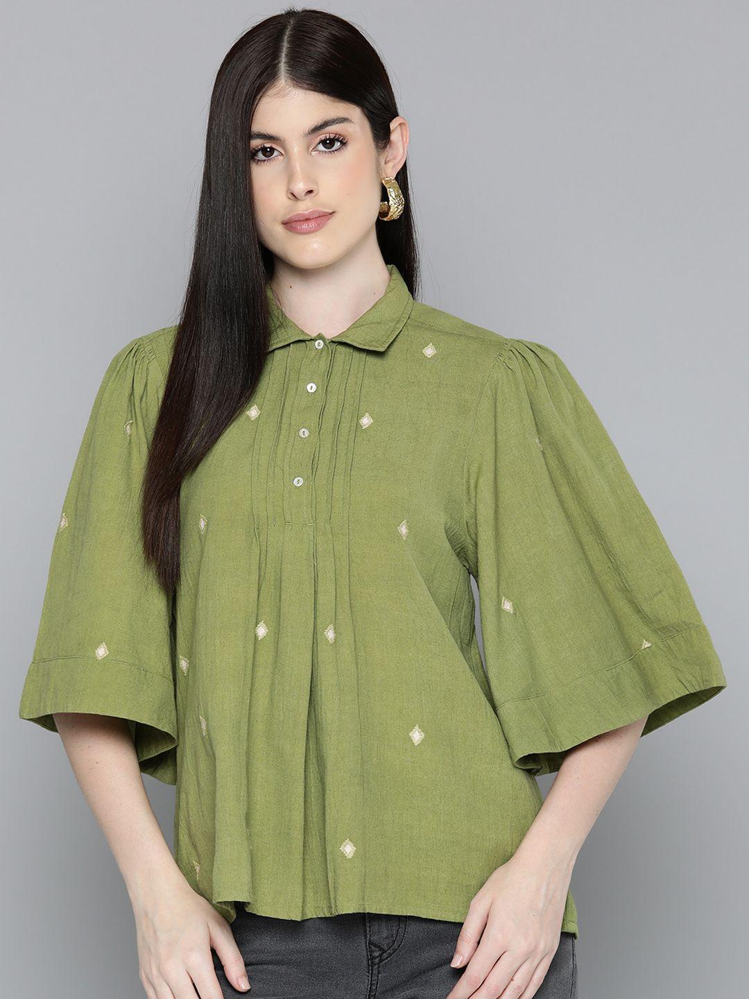 scoup geometric embroidered flared sleeve cotton shirt style top