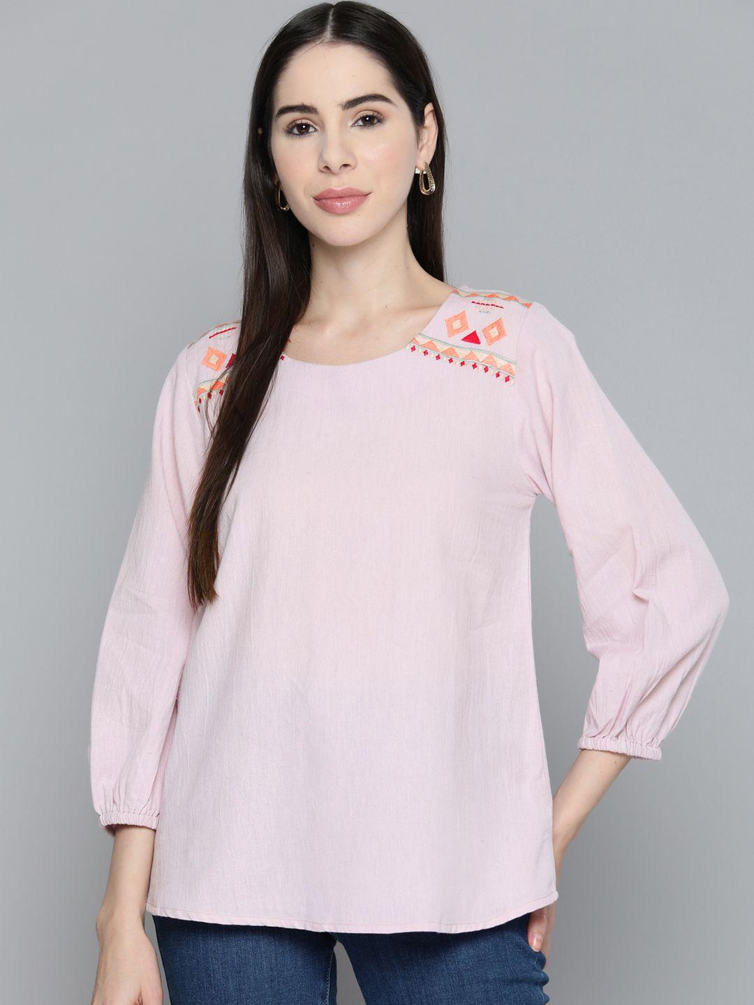 scoup geometric embroidered puff sleeves longline top