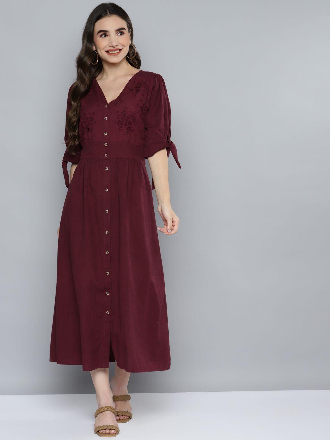 scoup maroon floral embroidered pure cotton a-line maxi dress
