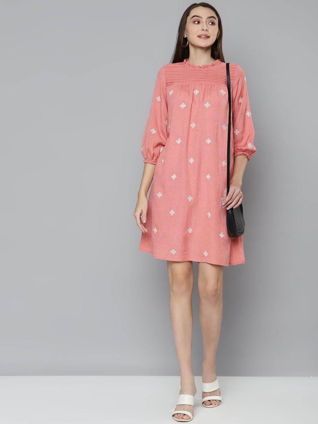 scoup peach-coloured ethnic motifs embroidered a-line dress