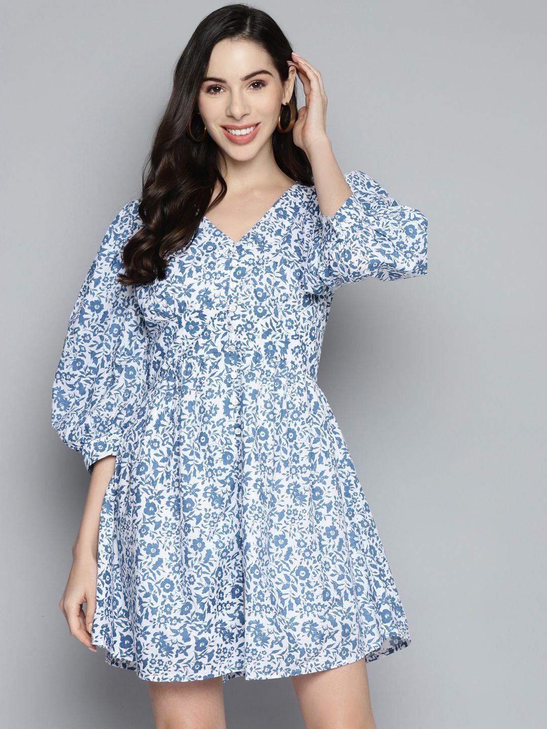 scoup white & blue floral pure cotton empire dress