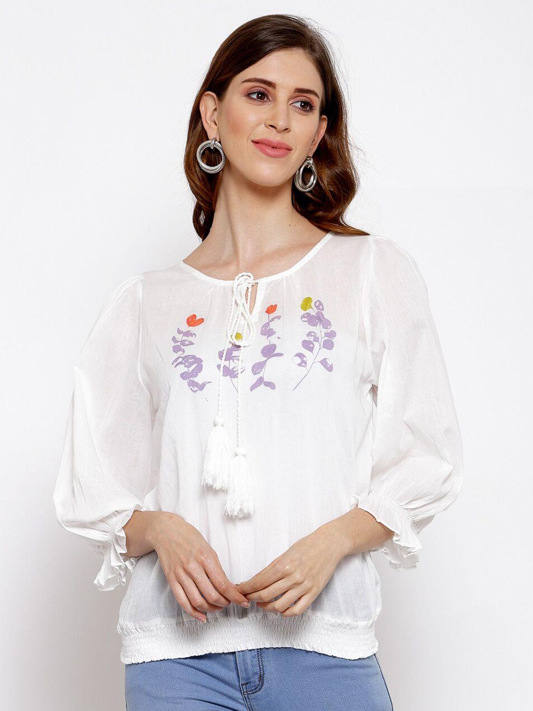scoup white floral embroidered tie-up neck puff sleeve regular top