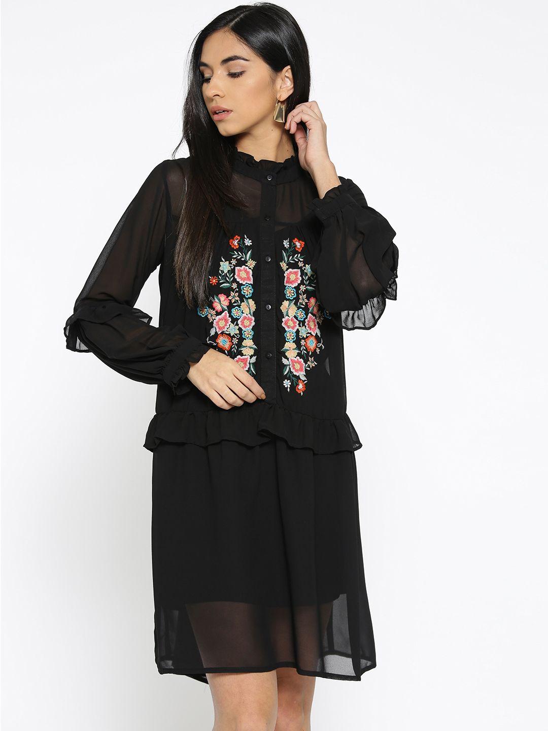 scoup women black embroidered detail a-line dress