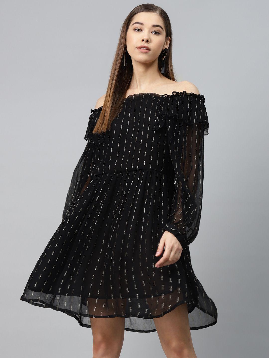 scoup women black self design off-shoulder a-line dress