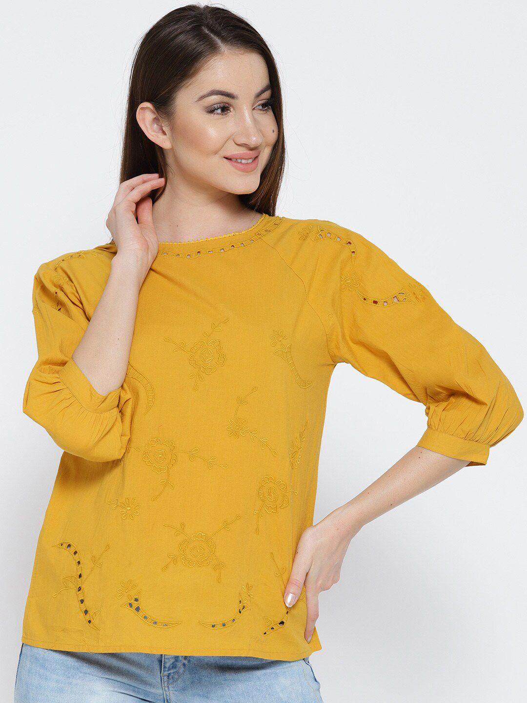 scoup women mustard pure cotton schiffli embroidered regular top