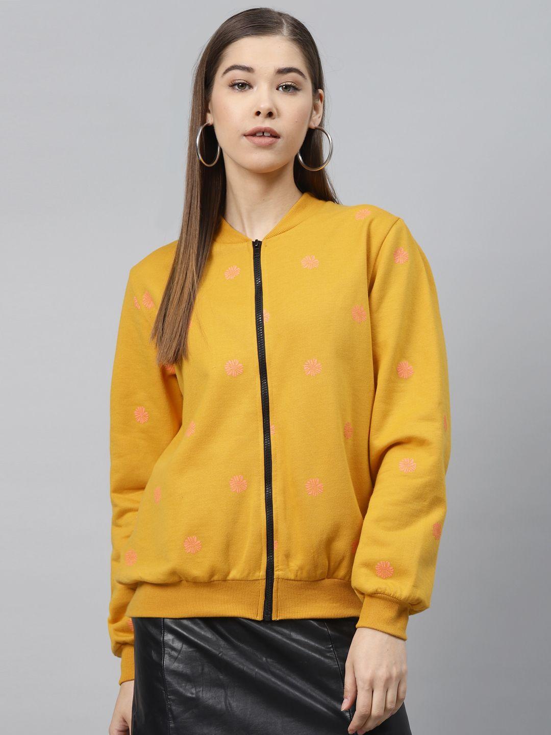 scoup women mustard yellow & pink floral print bomber jacket