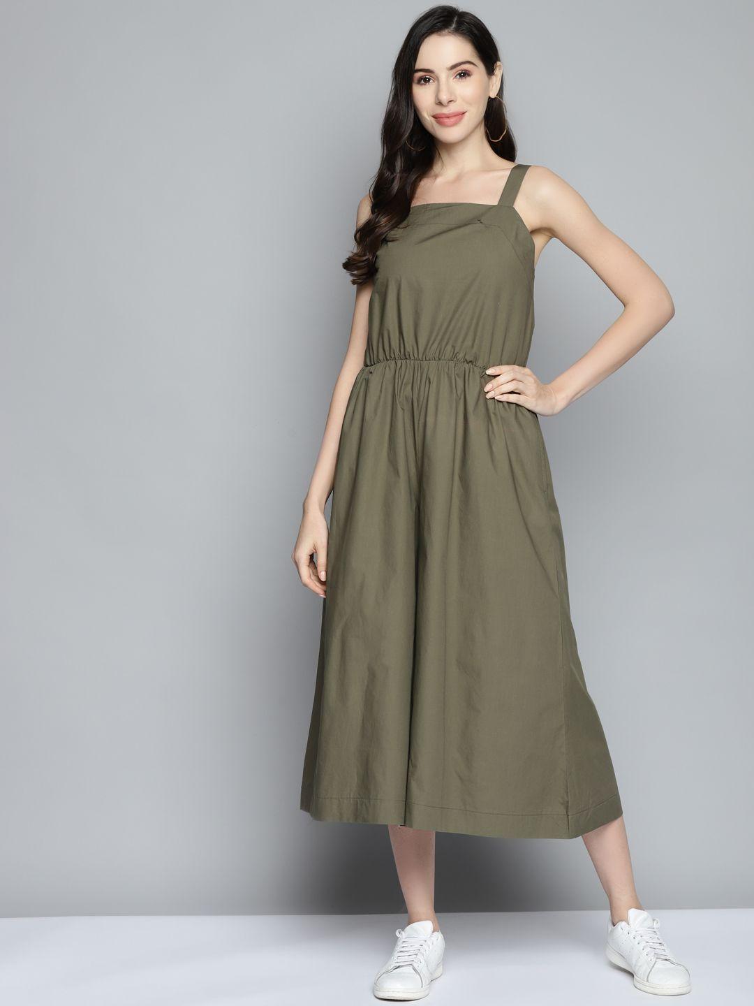 scoup women olive green pure cotton solid flared culotte jumpsuit